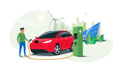 Wall Mural - Electric suv car charging at the charger station with a young man holding the cable. Wind turbines and solar panels with green city skyline in background. Isolated flat vector illustration concept. 