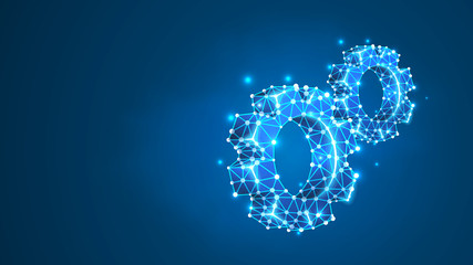 Two Spinning Gears. Industry development, engine work, business solution concept. Machine engineering technology symbol. Abstract, wireframe, low poly mesh, vector blue neon 3d illustration. Line dot
