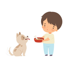 Sticker - Cute Little Boy Feeding His Puppy, Adorable Kid Caring for Animal Cartoon Vector Illustration