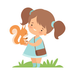 Sticker - Cute Little Girl Feeding Squirrel, Adorable Kid Caring for Animal Cartoon Vector Illustration