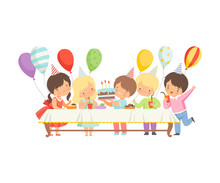 Cute Boys And Girls In Party Hats Sitting At Festive Table With Sweets And Cake, Happy Birthday Party Celebration Vector Illustration