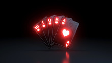 Royal Flush In Hearts Poker Playing Cards With Neon Lights Isolated On The Black Background - 3D Illustration