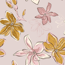 Seamless Vector Floral Pattern In Vector. Tender Blue Green Flowers On Pink Background. Floral Botany Art