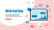 © Дмитрий Горелкин - Webpage Template. Surfer surfing a wave web page vector illustration. Web page surfing concept.