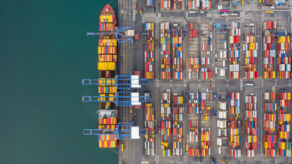 Wall Mural - Aerial view cargo ship terminal, Unloading crane of cargo ship terminal, Aerial view industrial port with containers and container ship.