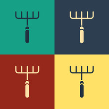 Color Garden Rake Icon Isolated On Color Background. Tool For Horticulture, Agriculture, Farming. Ground Cultivator. Housekeeping Equipment. Vintage Style Drawing. Vector Illustration