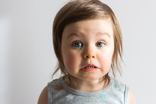 Scared Emotional Toddler Child With Big Eyes On Neutral Background Closeup