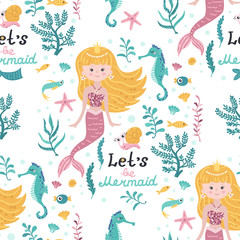 Wall Mural - Seamless pattern with cute mermaids, seaweed