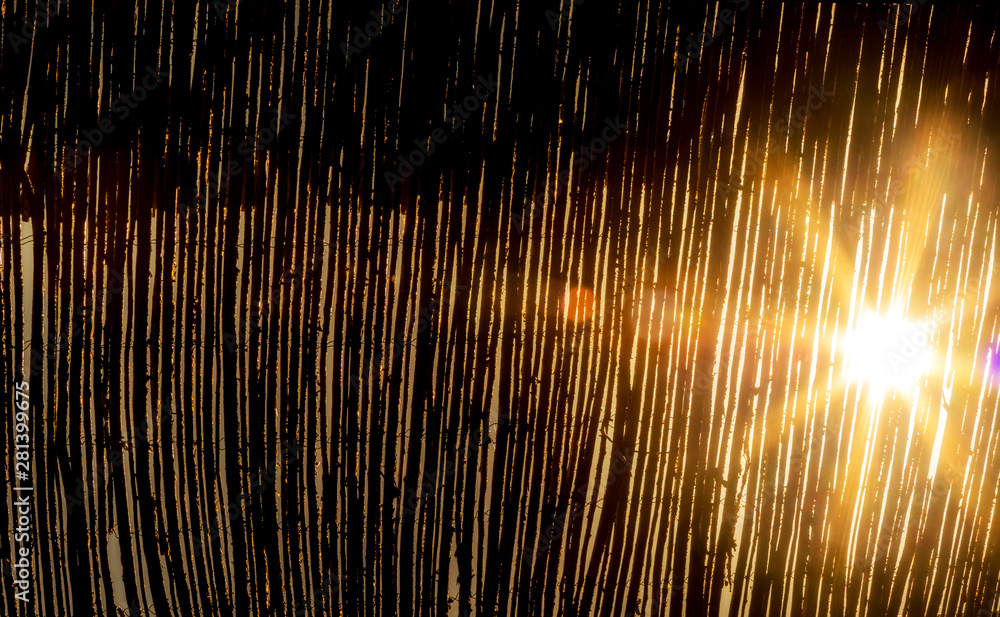 El sol de verano se cuela por un techado de cañizo formando haces de luz