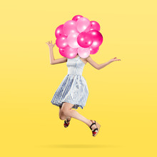 Female Body In Light Dress Headed By Pink Balloons Against Yellow Background. Negative Space To Insert Your Text. Modern Design. Contemporary Art Collage. Vacation, Summer, Resort.