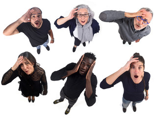 Wall Mural - group of people with expression of forgetfulness or surprise on white background
