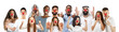 © master1305 - Collage of happy caucasian and african-american people as a clowns celebrating red nose day. Male and female models on white studio background. Victory, delight concept. Human facial emotions.