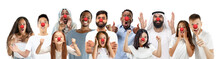 Collage Of Happy Caucasian And African-american People As A Clowns Celebrating Red Nose Day. Male And Female Models On White Studio Background. Victory, Delight Concept. Human Facial Emotions.