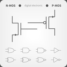 Symbols for building blocks of logic gates. N-MOS and P-MOS transistor schematic symbols.