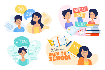 Flat design concept of education, back to school, language courses. Vector illustration for website banner, marketing material, presentation template, online advertising.