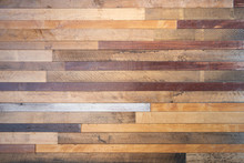 Various Tone Of Wooden Stripes Use As Wall Partition Or Fence Cladding In Horizontal Line Which Also Use As Building Facade  Decoration And Household.