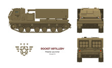 Missile Vehicle In Realistic Style. Rocket Artillery. Side, Front And Back View. 3d Image Of Military Tractor With Jet Weapon. Camouflage Tank