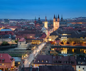 Wall Mural - Wurzburg, Germany. Aerial cityscape at dusk with Alte Mainbrucke bridge