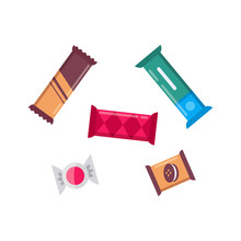 Cute Chocolate Bar Candys Set Of Vector Icons. Snack Collection.