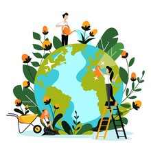 Environment, Ecology, Nature Protection Concept. People Take Care Of Earth Planet. Vector Flat Cartoon Illustration.