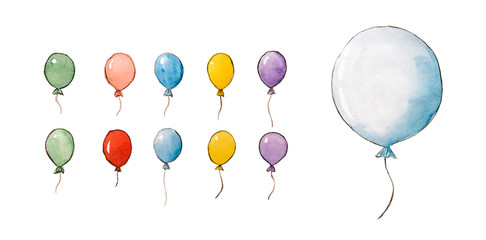 Set of watercolor hand drawn balloons on white isolated background.