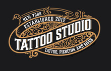 Tattoo Logo Template. Old Lettering On Dark Background With Floral Ornaments.Vector Layered