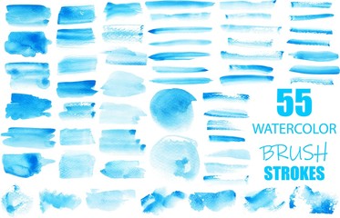 Big set of vector blue brush strokes.Watercolor texture splatters. Grunge rectangle text boxes. Frames for text or quote.