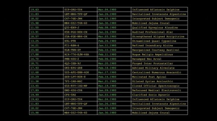 Four column screen graphic of scrolling text data (Loop).
