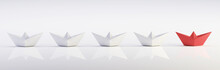 3D Illustration Of Leadership Concept, A Red Paper Boat On The Right Side Lead A Group Of White Paper Boat On Line From Left To Right