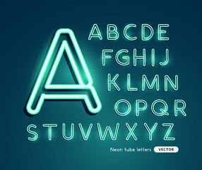 Wall Mural - Glowing neon blue green letters alphabet. Vector illustration.