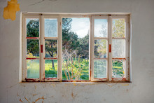 Vintage Wooden Window Frame With Broken Glass Looking Through A Green Meadow Field. Of An Interior Of A Desolated House With Dirty Cracked Wall.