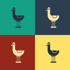 Poster - Color Riding kid duck icon isolated on color background. Vintage style drawing. Vector Illustration