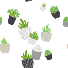 Wall Mural - Cartoon plants on white seamless pattern