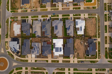 Aerial view of rooftops in the newly established suburb of Denman Prospect in Canberra, Australia