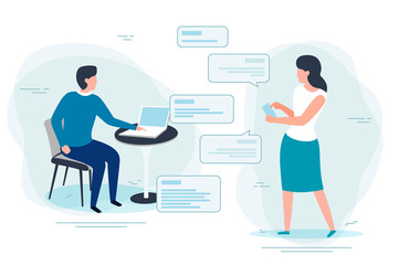 Vector illustration - man with notebook chatting with woman with phone.  Banner, poster template with place for your text.