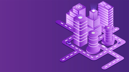 Canvas Print - Futuristic smart city concept based isometric design with architecture of smart buildings on purple background.