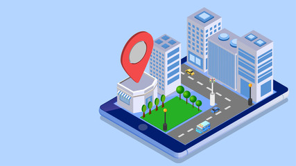 Canvas Print - isometric illustration of skyscraper building along transport tracking pointer on smartphone for sma