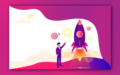 Wall Mural - Illustration of human launching a successful rocket for Business Startup concept. Can be used as banner or poster design.