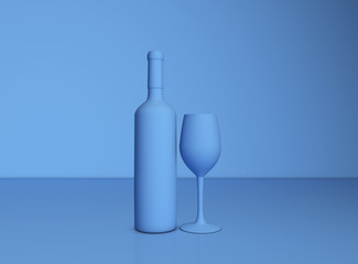 Wall Mural - Blue wine bottle and glass on blue background, 3d render image