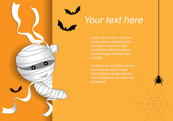 Canvas Print - Paper art of greeting card with mummy, bats and spider. Happy Halloween celebration concept, Flat and digital craft style vector illustration.