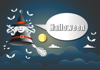 Canvas Print - Paper art of witch, bats in night time and text frame. Happy Halloween celebration concept, Flat and digital craft style vector illustration..