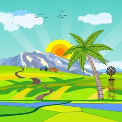 Wall Mural - Countryside vector illustration, house on the green hills, palms in hills,  outdoor vector