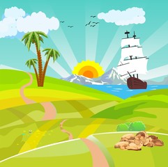 Wall Mural - Countryside vector illustration, ship in the ses, the green hills, outdoor vector