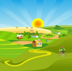 Wall Mural - Countryside vector illustration, ship in the ses, the green hills, outdoor vector