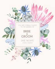 Wall Mural - Vintage wedding card with flowers and greenery