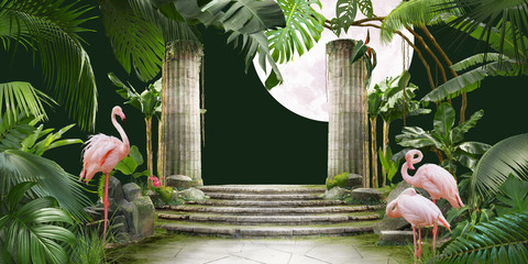 moon and flamingo background design with tropical palm and banana leaves, can be used as background,