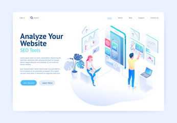 Analyze website application development vector isometric illustrations.