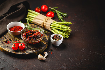 Sticker - Asparagus and tomatoes on rusticbackground