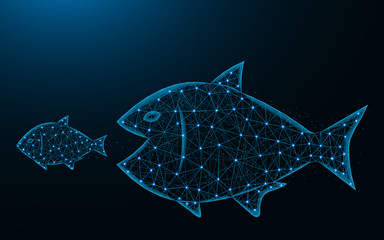 Wall Mural - Big fish eat small low poly design, predator and prey abstract geometric image, underwater world wireframe mesh polygonal vector illustration made from points and lines on dark blue background