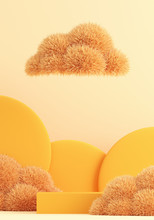 Minimal Orange Fur Ball For Winter Background Concept. Orange Podium On Yellow Background. Cafe Poster Templates Mock Up. 3d Render Illustration.